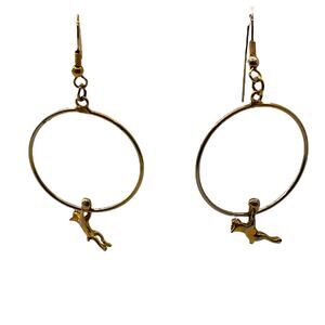 Vintage Dangle Earrings Hanging Cat Hoop  Gold Tone Whimsical Cat Mom Jewelry